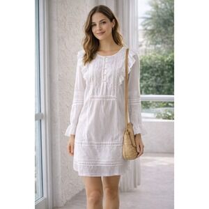 Esprit White Embroidered Dress Boho Cottagecore Lace Ruffle Long Slv Mini US 10